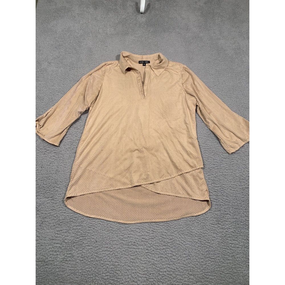 Boho Chic Textured‎ Grid Pattern Collared Beige Blouse Top Tie Sleeve Medium M